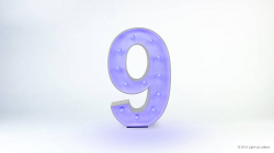 A large, illuminated number 9 with a bluish glow, set against a plain white background.