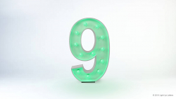 Illuminated green marquee number nine on a white background.