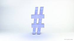 A glowing blue hashtag symbol is centered on a plain white background.