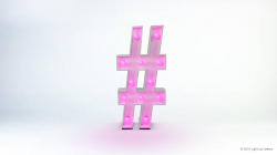 A glowing pink hashtag symbol on a light background.